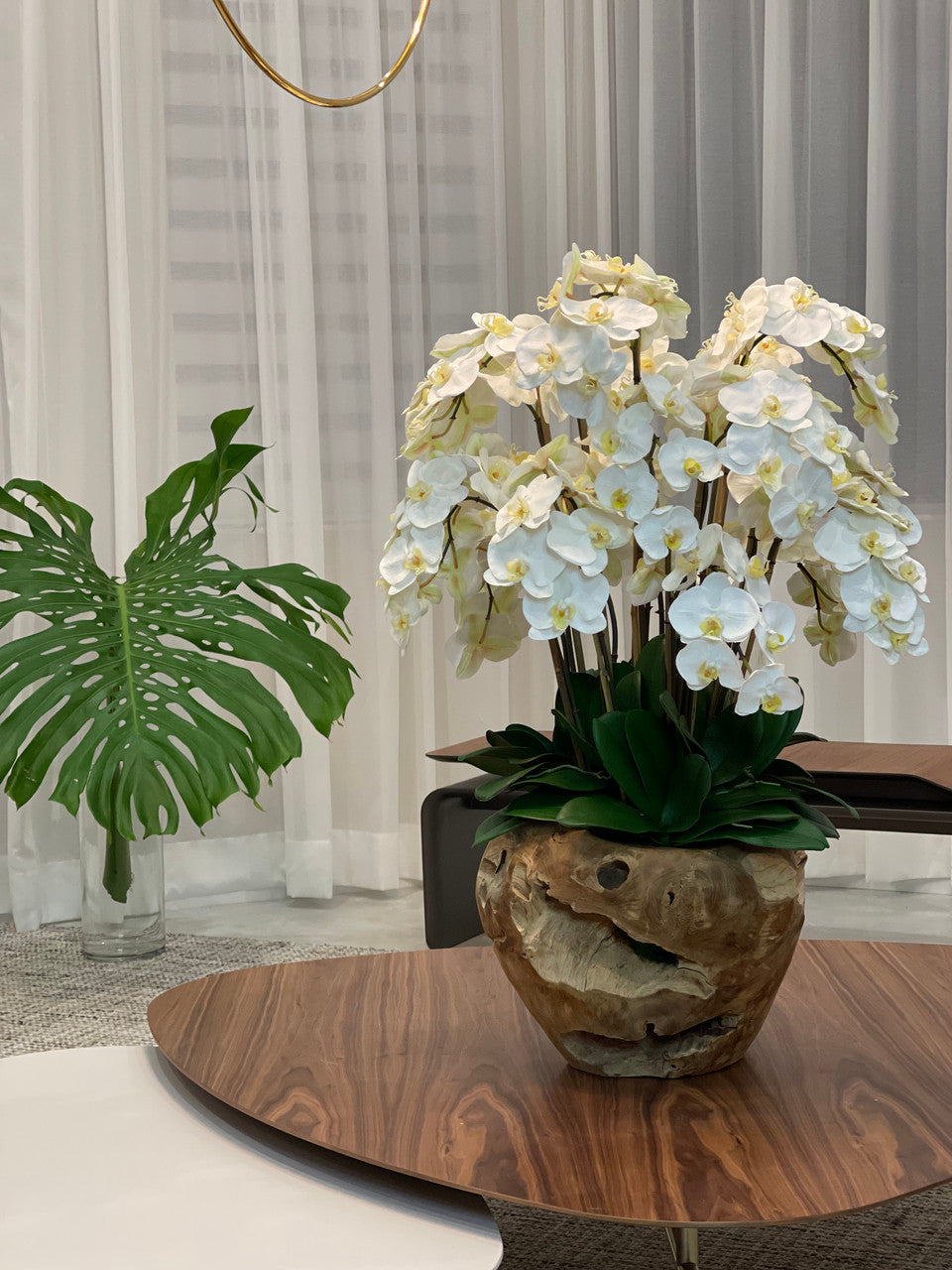 Arreglo de Orquídeas Phalaenopsis Blancas en Cuenco de Teak Hecho a Mano