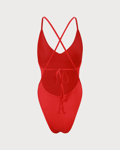 Bañador Rojo de Espalda Cruzada con Rayas