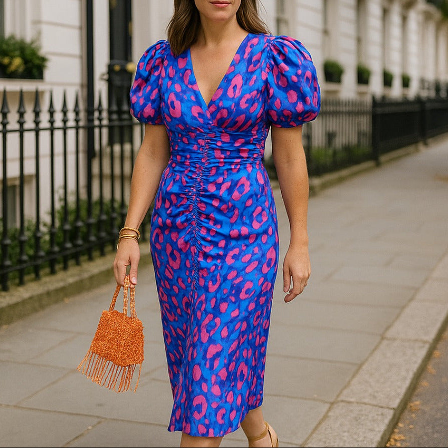 Noor™ - Vestido midi con mangas abullonadas