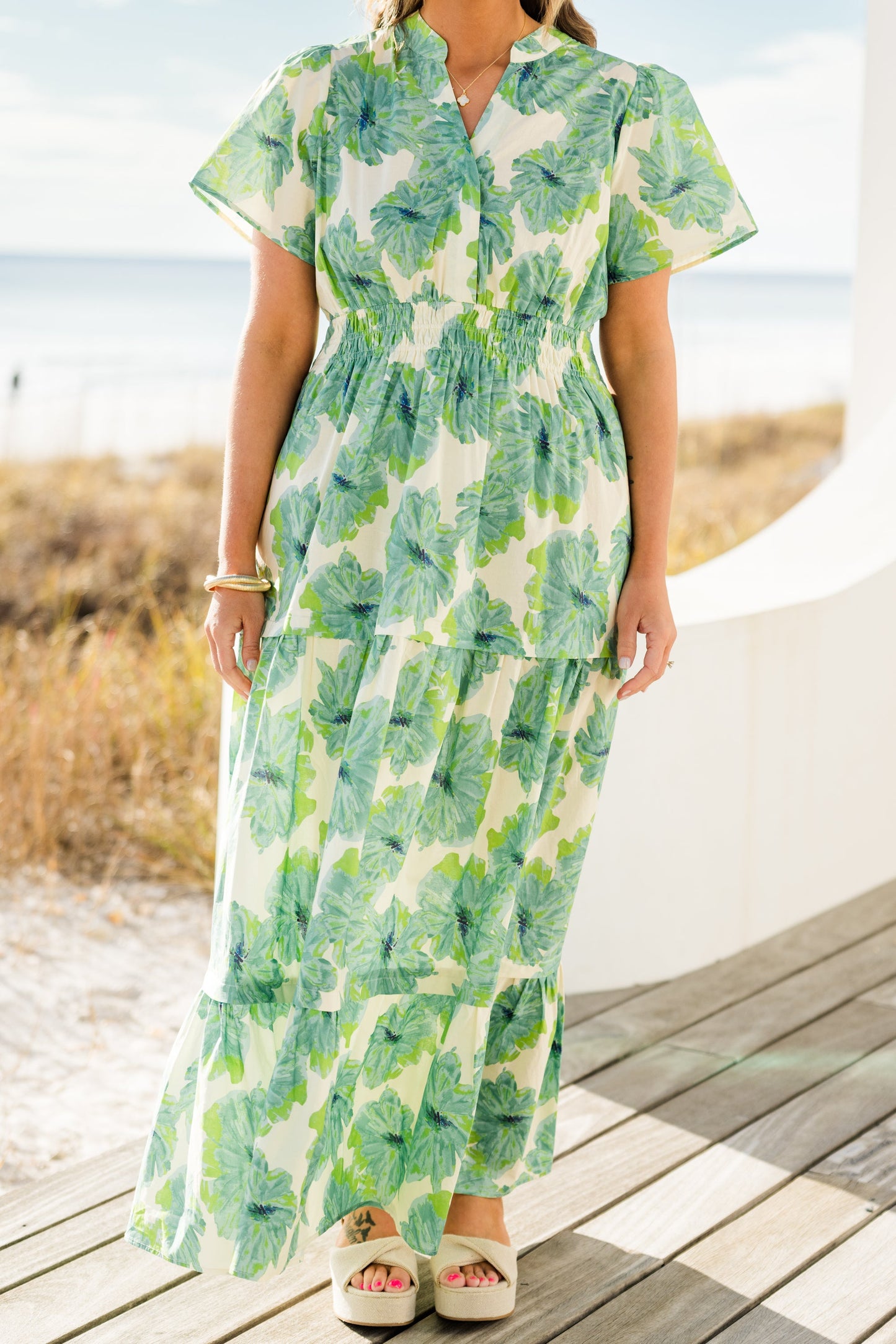 Vestido Maxi de Pétalos Plisados, Verde
