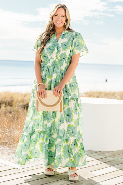 Vestido Maxi de Pétalos Plisados, Verde