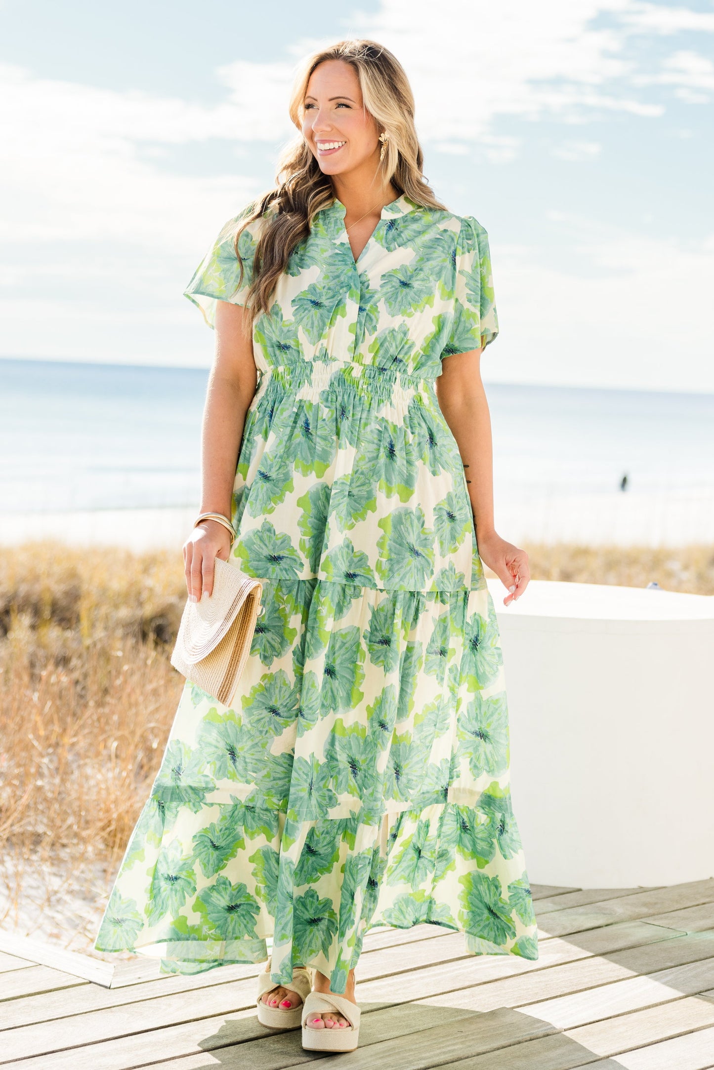 Vestido Maxi de Pétalos Plisados, Verde