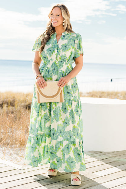 Vestido Maxi de Pétalos Plisados, Verde