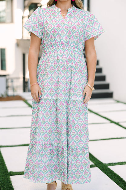 Vestido Maxi de Pétalos Plisados, Rosa-Verde