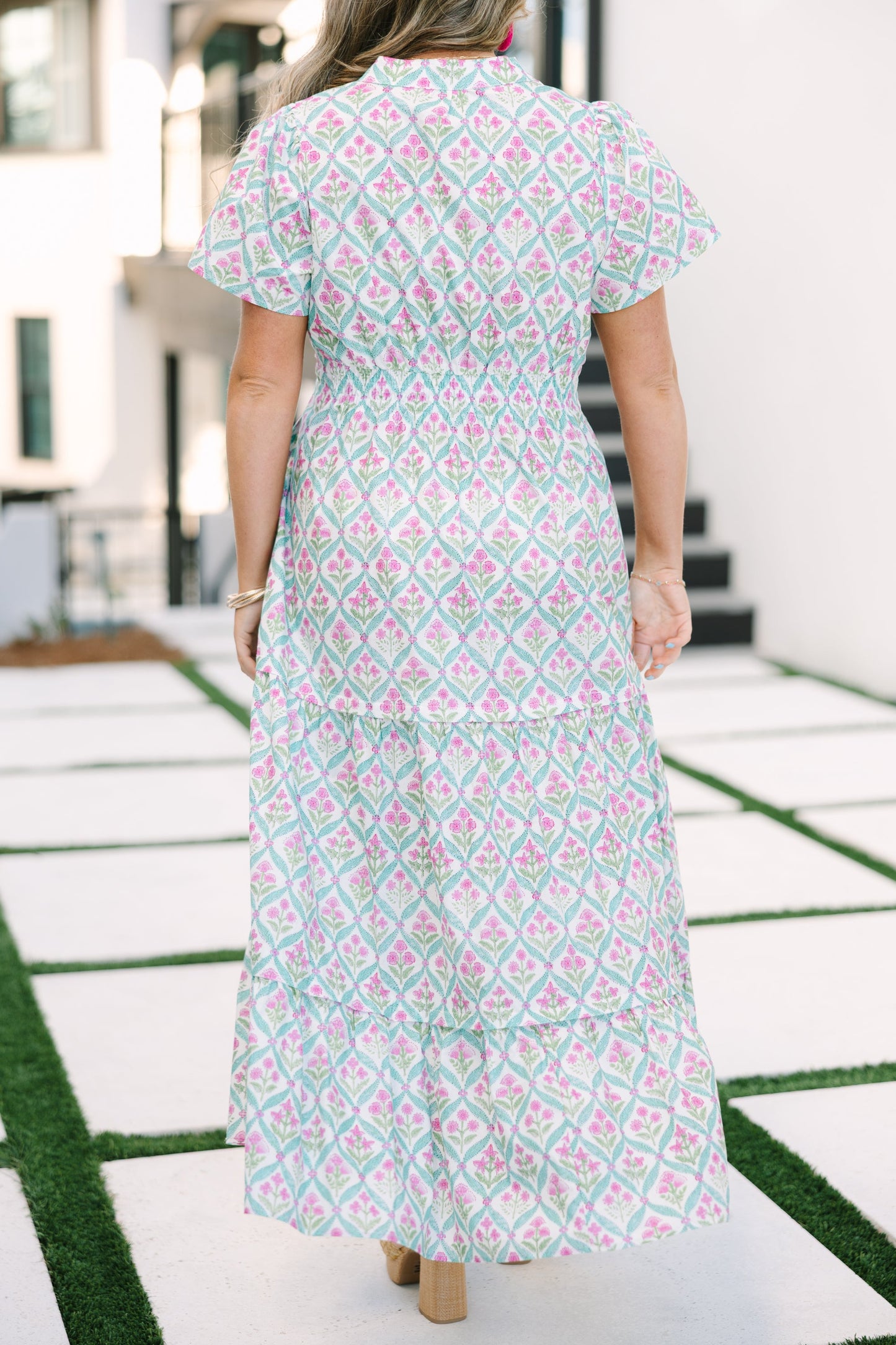 Vestido Maxi de Pétalos Plisados, Rosa-Verde
