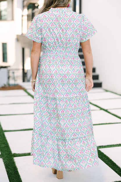 Vestido Maxi de Pétalos Plisados, Rosa-Verde