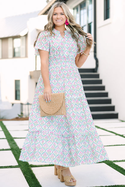 Vestido Maxi de Pétalos Plisados, Rosa-Verde