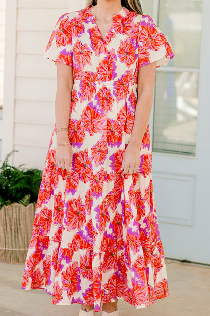 Vestido Maxi de Pétalos Plisados, Rosa