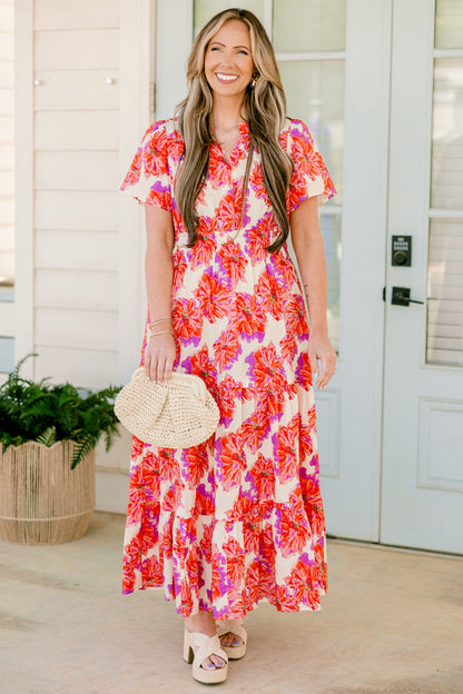 Vestido Maxi de Pétalos Plisados, Rosa
