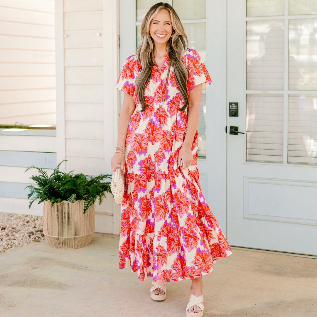 Vestido Maxi de Pétalos Plisados, Rosa