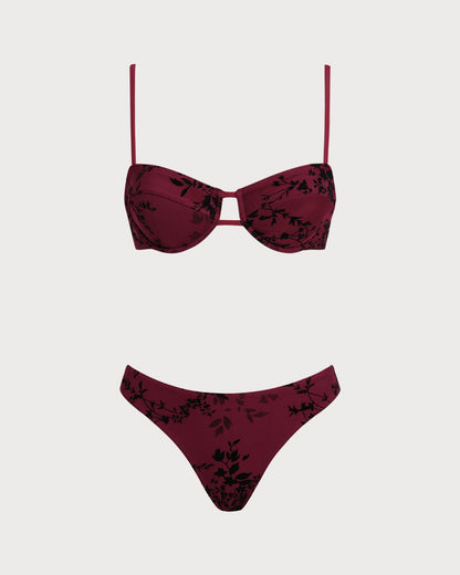Conjunto de Bikini Rojo Floral con Aros