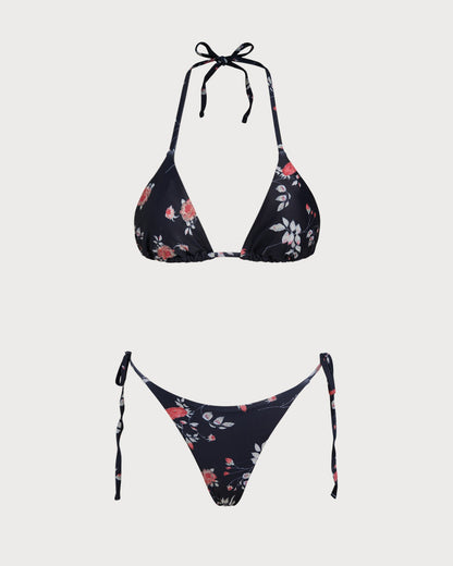 Conjunto de Bikini Triangular Floral Negro