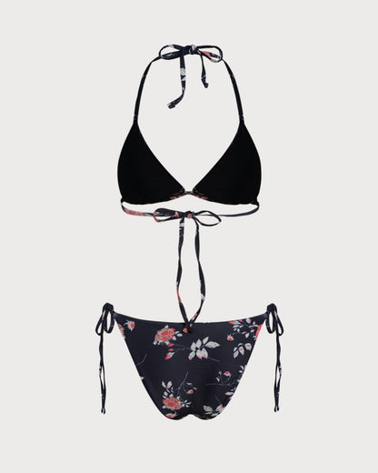 Conjunto de Bikini Triangular Floral Negro