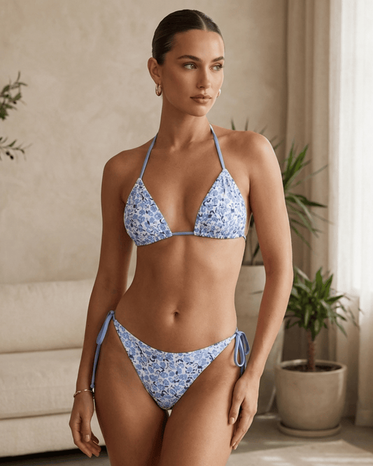 Conjunto de Bikini Triangular Floral Azul