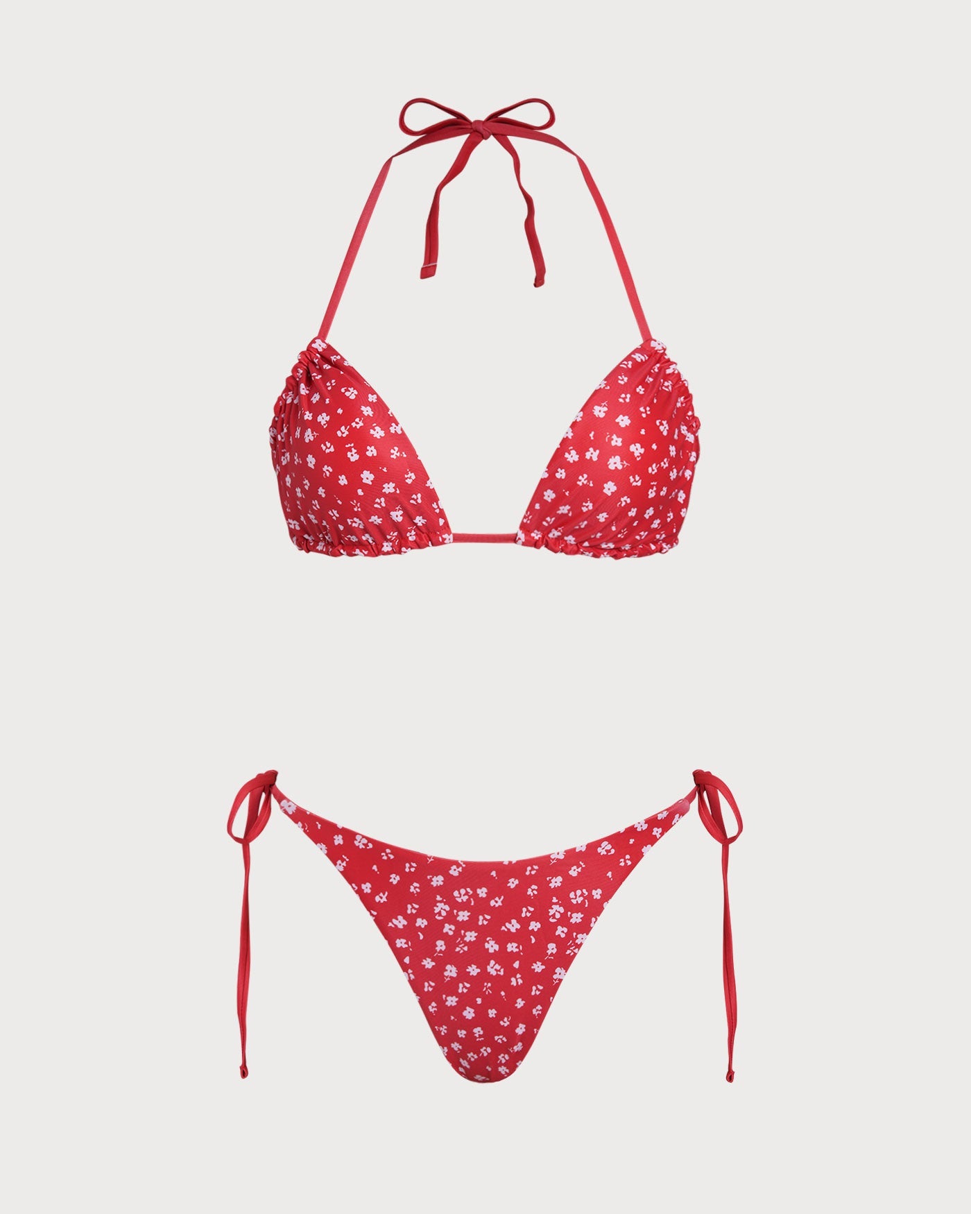 Conjunto de Bikini Triangular con Cordón Floral Rojo