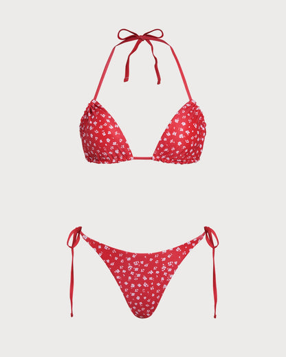 Conjunto de Bikini Triangular con Cordón Floral Rojo