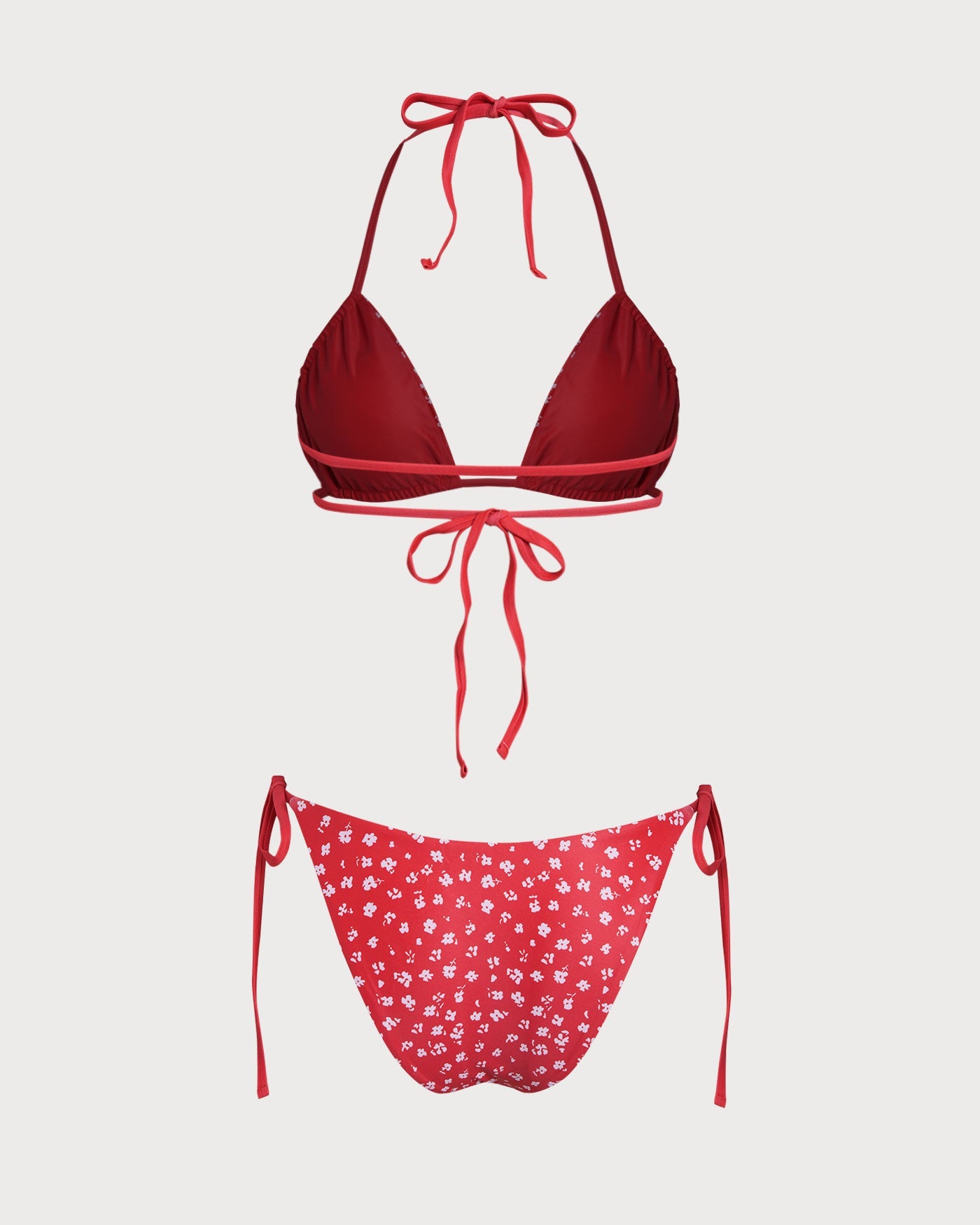 Conjunto de Bikini Triangular con Cordón Floral Rojo