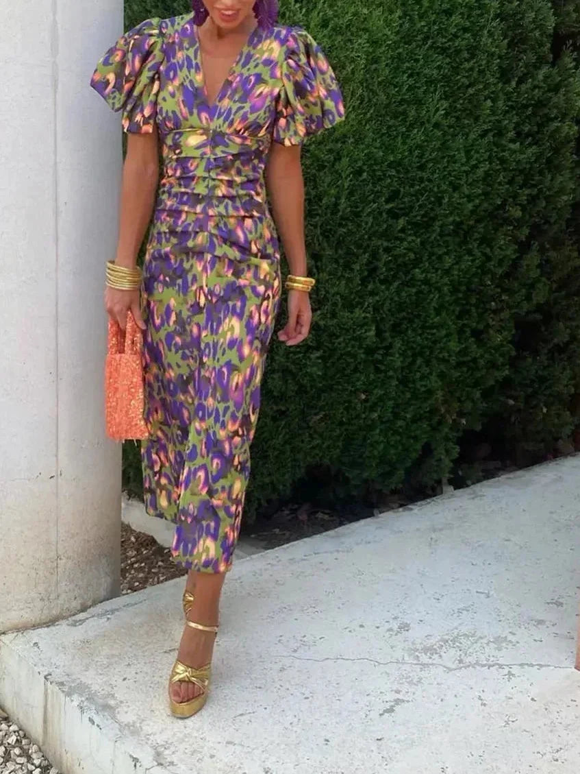 Noor™ - Vestido midi con mangas abullonadas