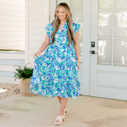 Vestido Midi Esplendor Primaveral, Azul Tropical