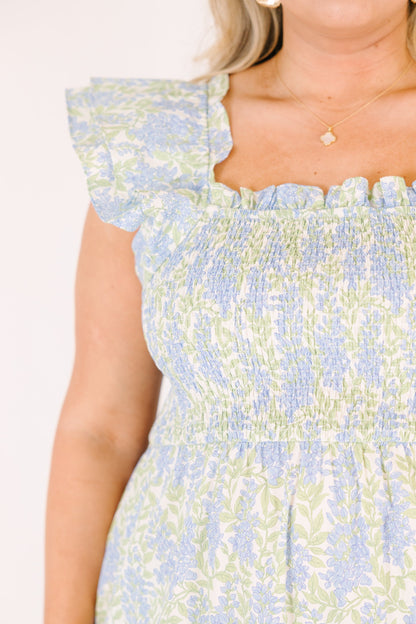 Vestido Maxi Canción de Flores Silvestres, Mezcla Floral Azul