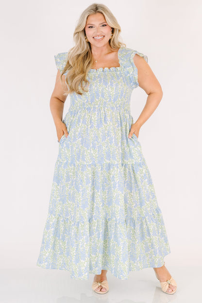 Vestido Maxi Canción de Flores Silvestres, Mezcla Floral Azul