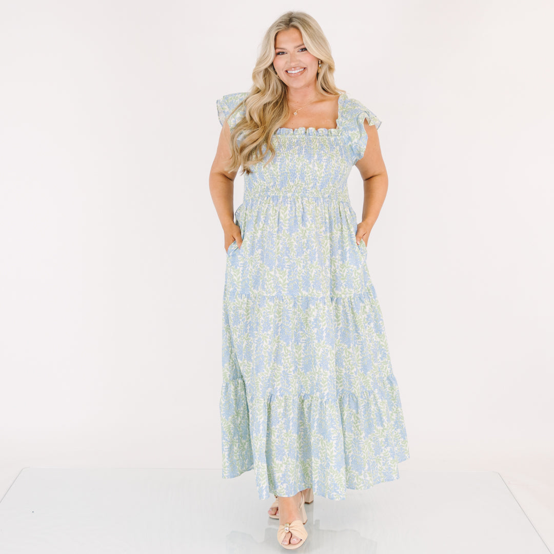 Vestido Maxi Canción de Flores Silvestres, Mezcla Floral Azul