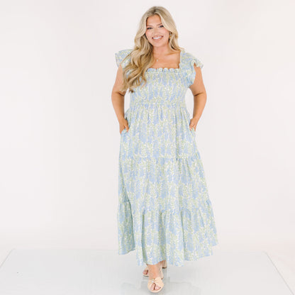Vestido Maxi Canción de Flores Silvestres, Mezcla Floral Azul