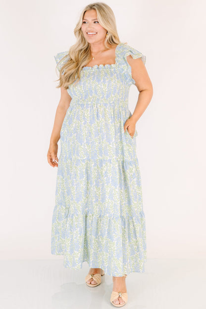Vestido Maxi Canción de Flores Silvestres, Mezcla Floral Azul