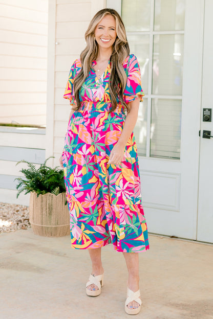 Vestido Maxi Tropicana Bliss, Fucsia-Rosa-Azul