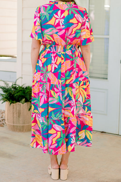 Vestido Maxi Tropicana Bliss, Fucsia-Rosa-Azul