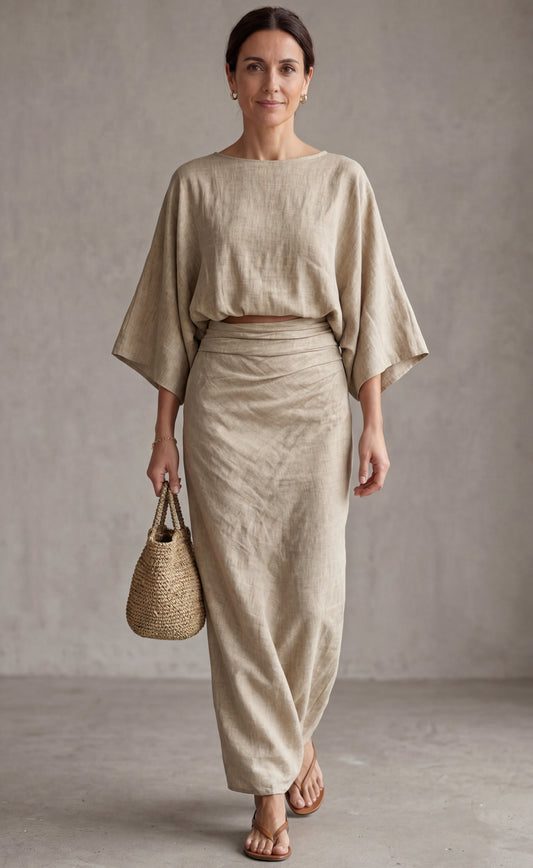 Conjunto de lino elegante con falda larga