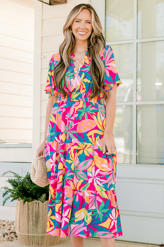 Vestido Maxi Tropicana Bliss, Fucsia-Rosa-Azul