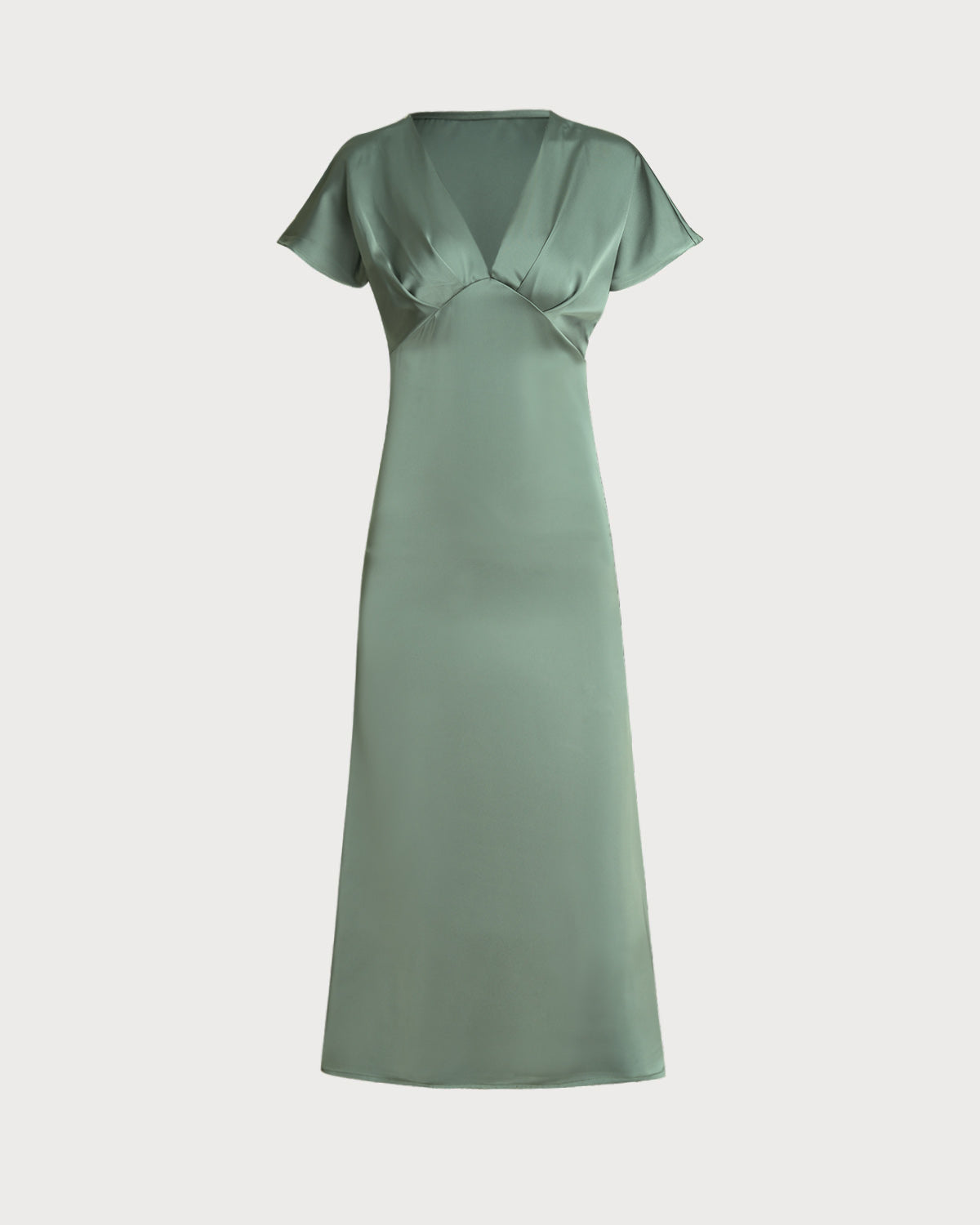 Vestido Midi A-Line Verde de Satén con Escote en V