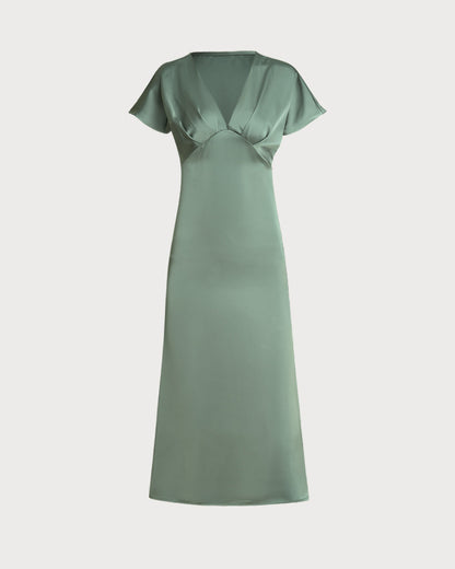 Vestido Midi A-Line Verde de Satén con Escote en V