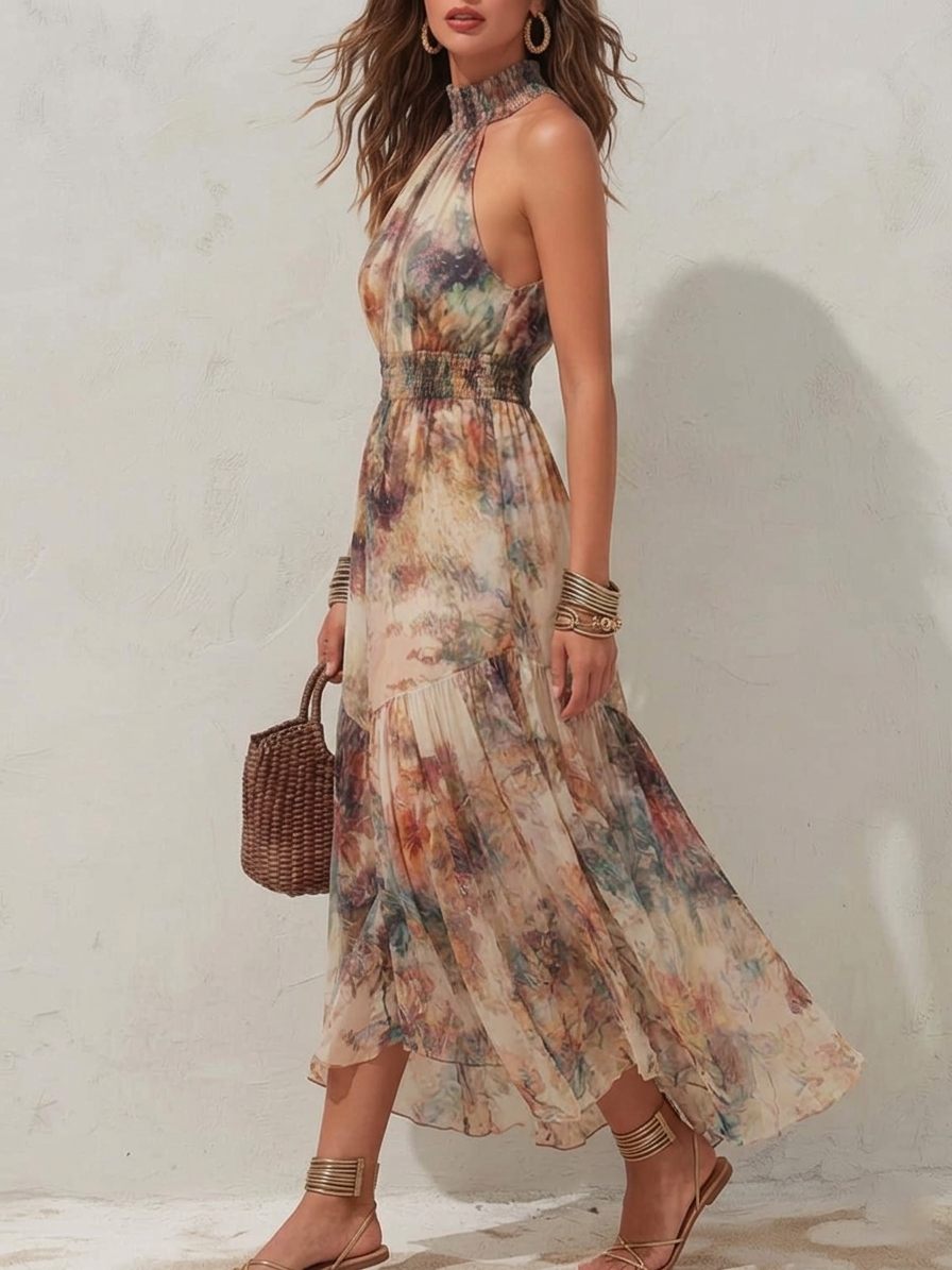 Elise | Vestido Maxi Halter Floral Suave