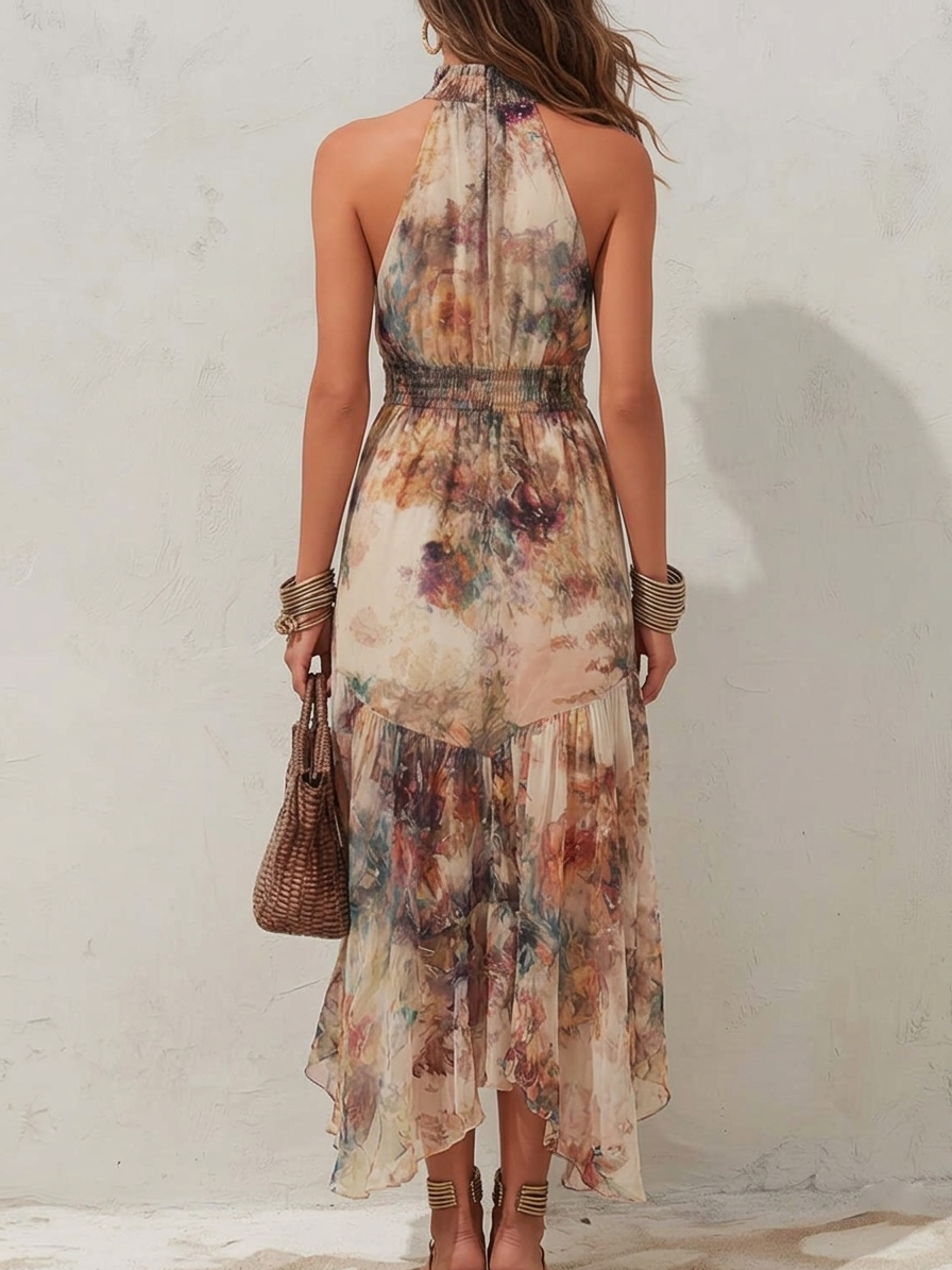 Elise | Vestido Maxi Halter Floral Suave
