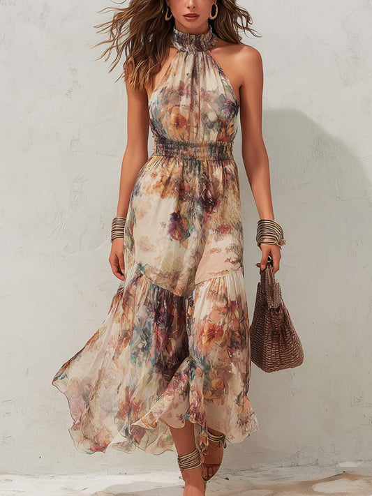 Elise | Vestido Maxi Halter Floral Suave
