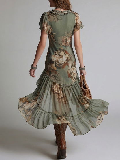 Elowen | Vestido Vintage de Flores con Volantes