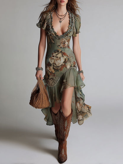 Elowen | Vestido Vintage de Flores con Volantes