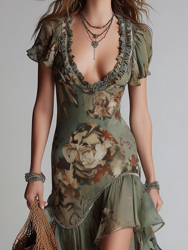 Elowen | Vestido Vintage de Flores con Volantes