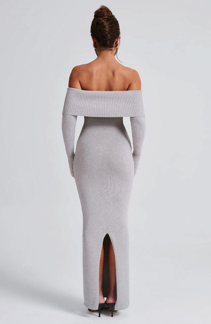 Maxi Sukienka z Dzianiny Beverley - Jasnoszary Melanż