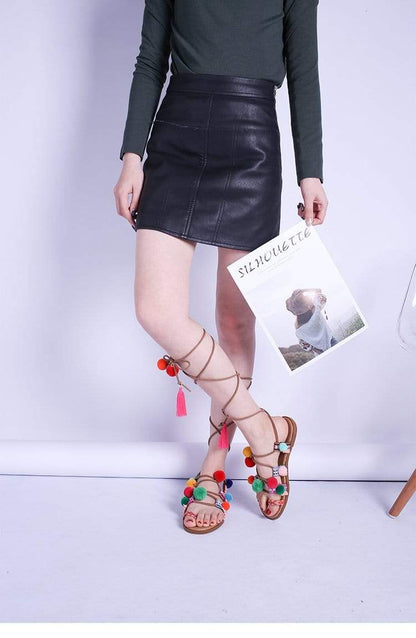 Eva | Sandały boho z kolorowymi pomponami