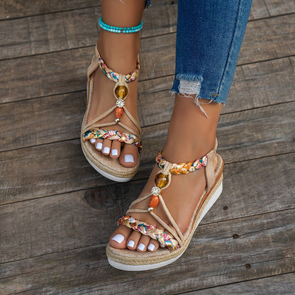 Maëva | Sandalias de Cuña Trenzadas Bohemias con Perlas
