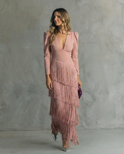 Alessia - Vestido midi elegante con mangas de flecos