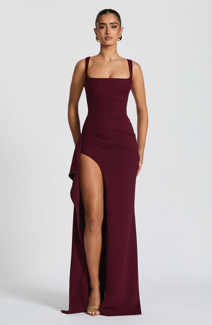 Długa Sukienka Maxi Katana - Lakier wiśniowy