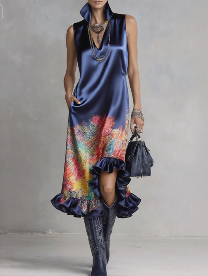 Celeste | Vestido Midi Satinado Impreso