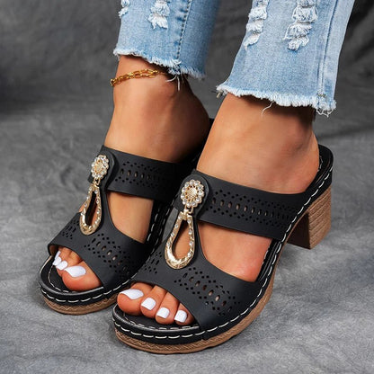 Roxane | Mules de Tacón Bloque Abertas con Joyas