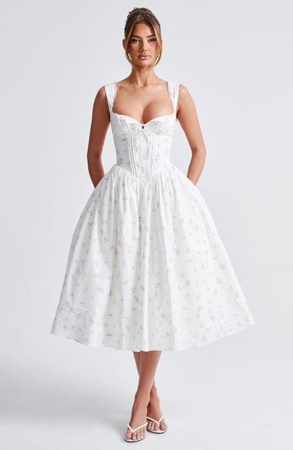 Midiowa sukienka Marlena - Wzór kwiatowy biało wielokolorowy