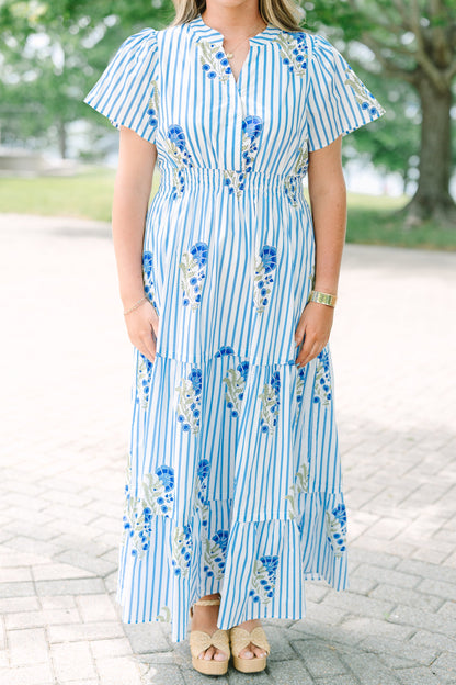 Vestido Maxi de Pétalos Plisados, Mezcla Azul