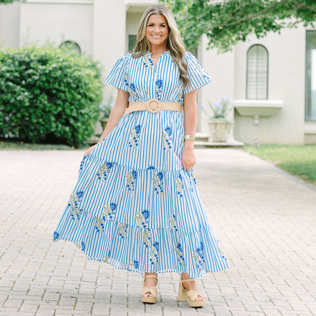 Vestido Maxi de Pétalos Plisados, Mezcla Azul